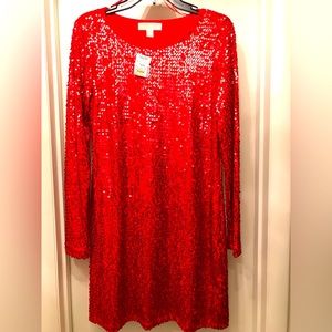 Red Michael Kors Sequin, Slightly Flared, Above-The-Knee, Bell Sleeve Dress